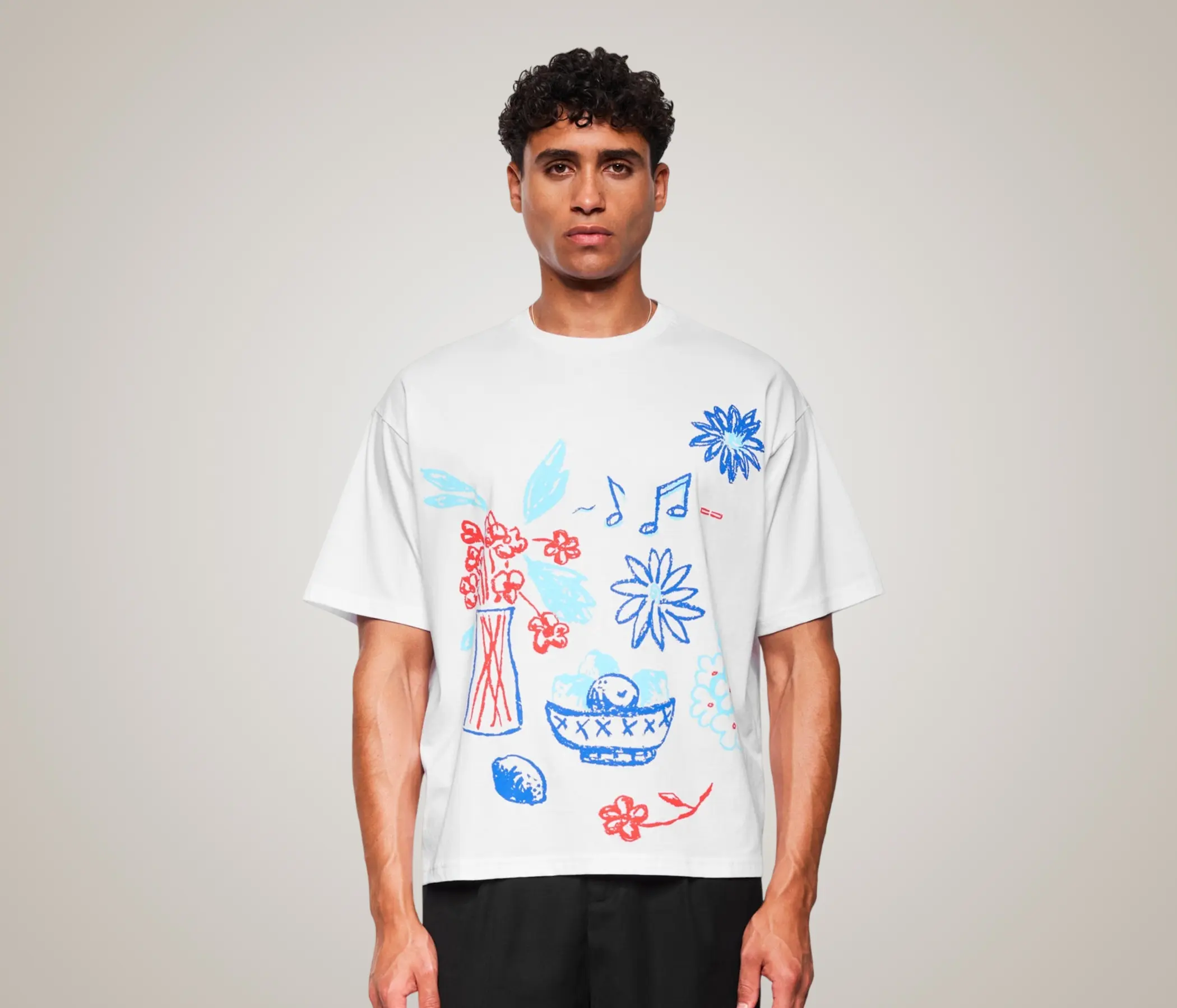 Men's Hand Painted Doodle Art White T-Shirt